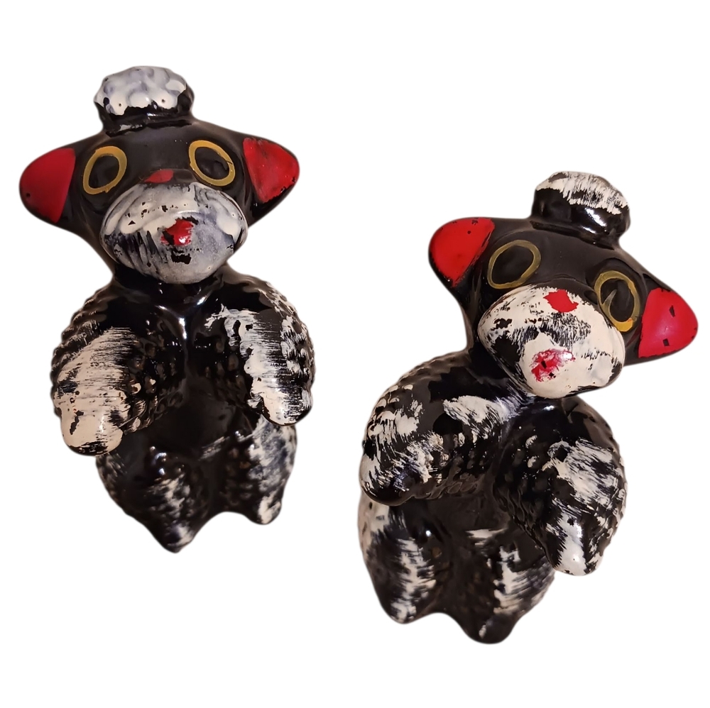 VINTAGE 50S BLACK & WHITE CERAMIC POODLE SALT & PEPPER SHAKER SET 🖤 FROM JAPAN